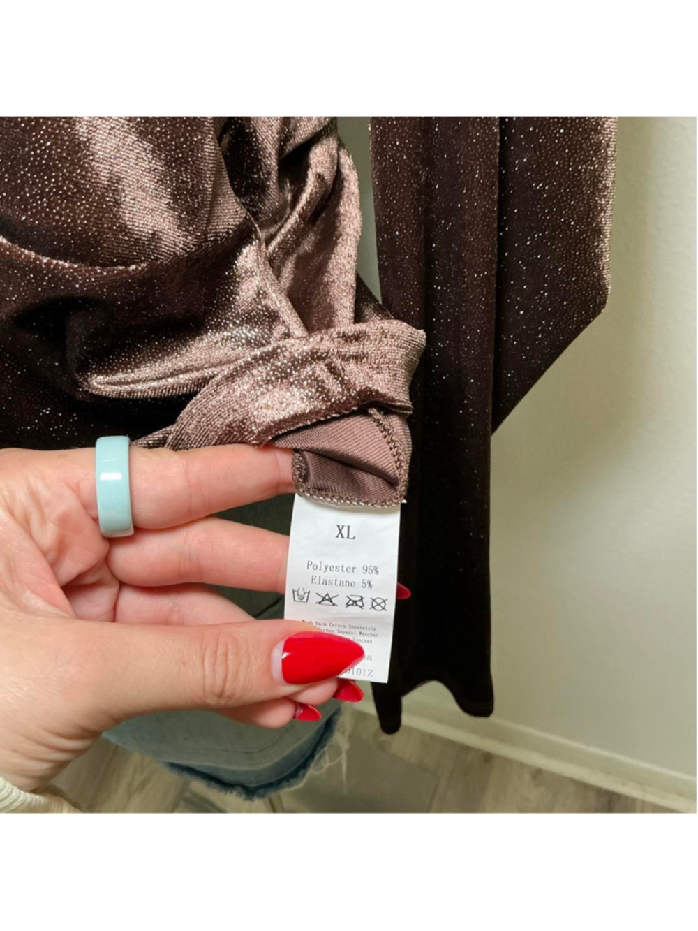 Y2K Brown Shimmer Velvet Top XL Long Sleeve Ruched Front Party Top - Picture 4 of 4